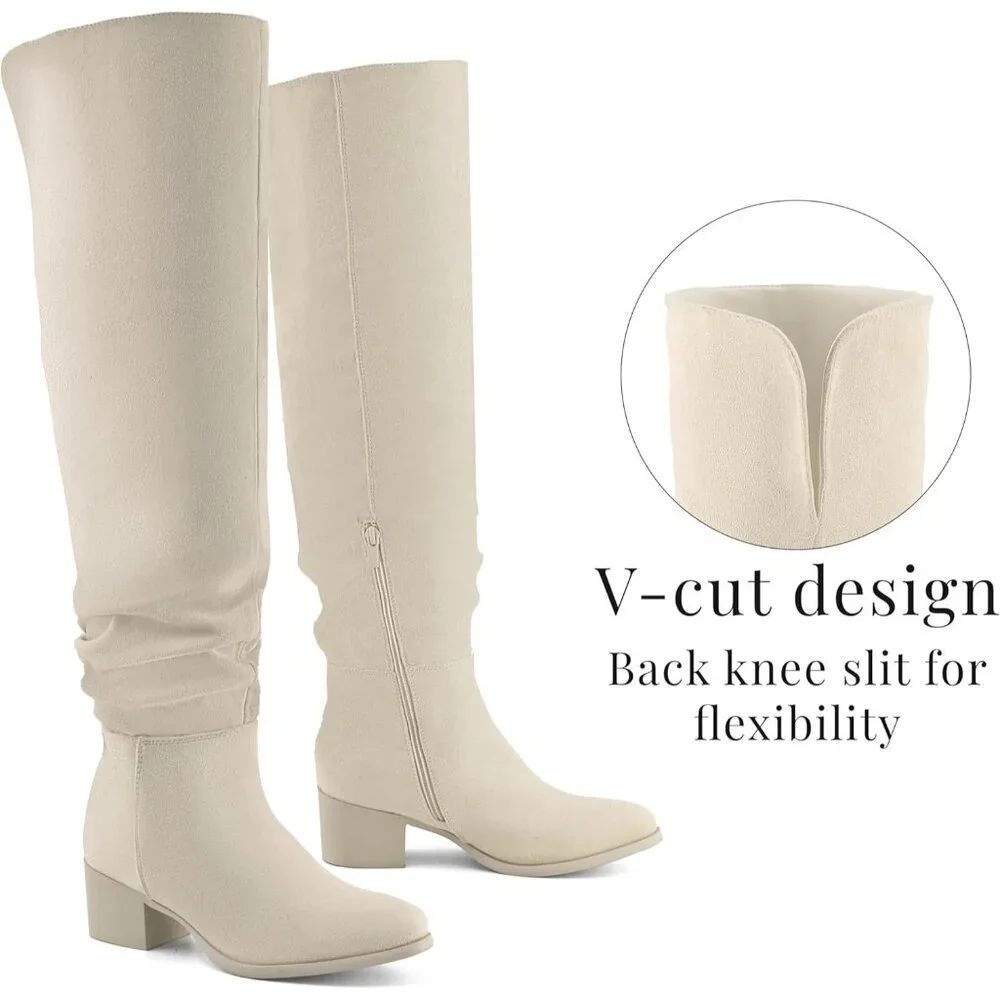 Women's Beige Suede Over The Knee Thigh High Chunky Block Heel Pointed Toe Boots